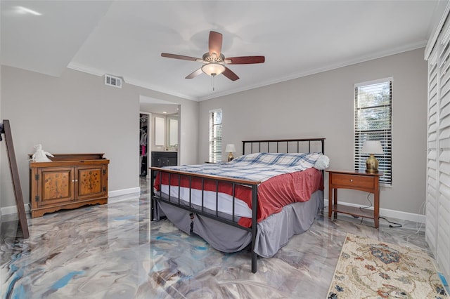 bedroom featuring multiple windows, ceiling fan, and crown molding