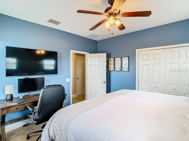 bedroom featuring a closet, visible vents, and ceiling fan