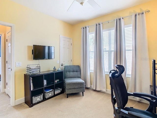 office with light carpet and baseboards