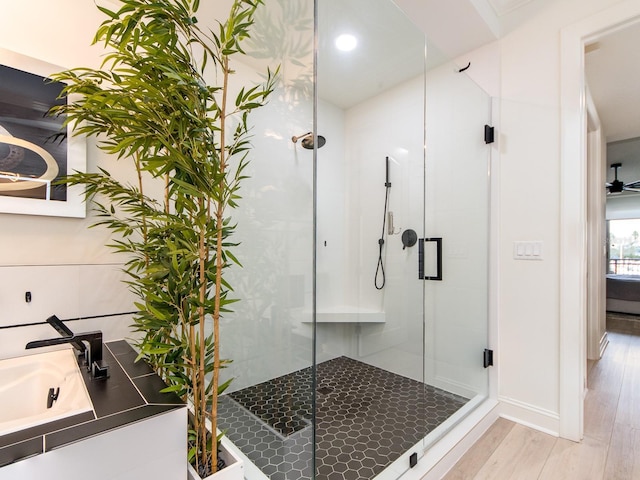 bathroom featuring sink, hardwood / wood-style floors, ceiling fan, and walk in shower