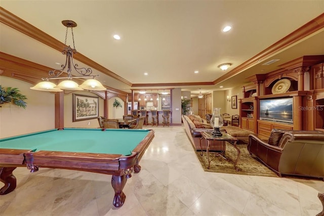 rec room featuring ornamental molding and pool table