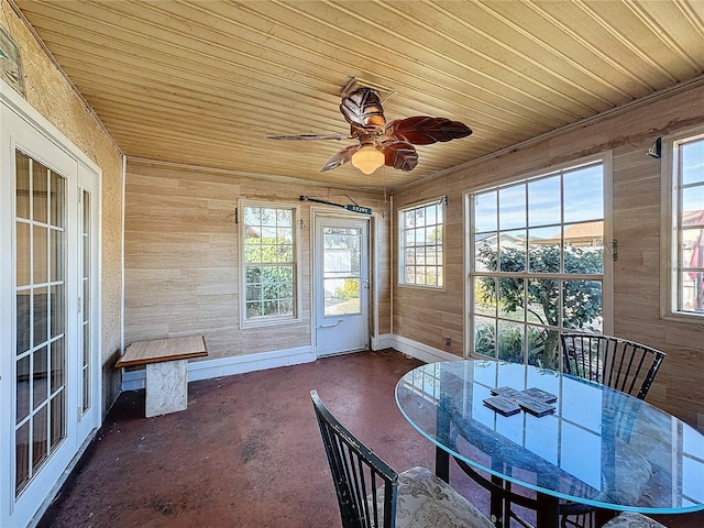 sunroom featuring ceiling fan and wooden ceiling