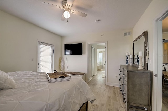 bedroom featuring ceiling fan and light wood-type flooring