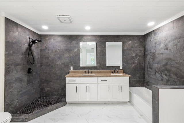 full bathroom featuring vanity, crown molding, tile walls, and plus walk in shower