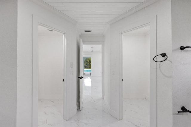 hall featuring crown molding and wooden ceiling