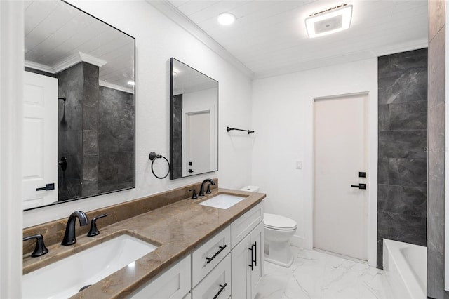 bathroom with vanity, ornamental molding, and toilet