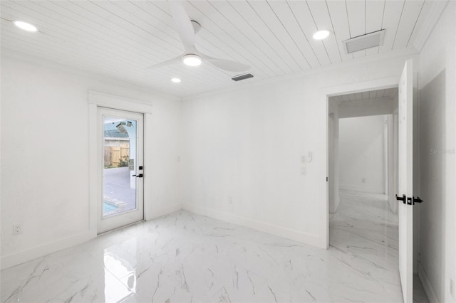 spare room featuring ceiling fan and wood ceiling