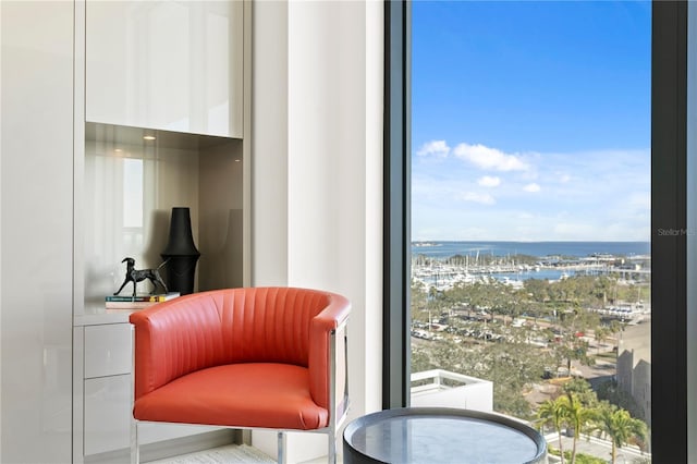 sitting room with a water view