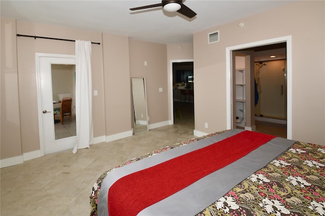 bedroom with ensuite bath and ceiling fan