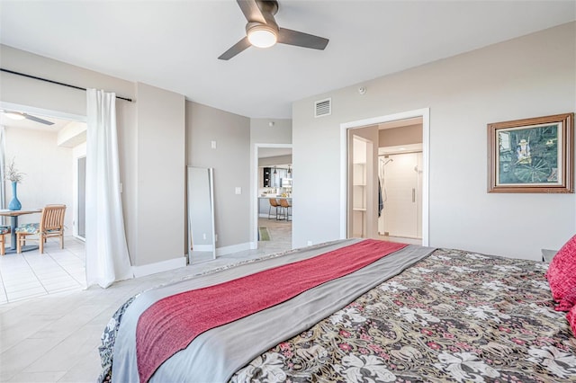 bedroom featuring light tile patterned floors and ceiling fan