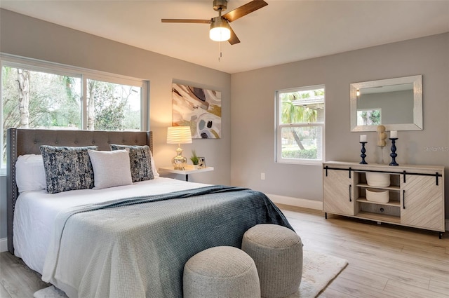 bedroom with light hardwood / wood-style flooring and ceiling fan