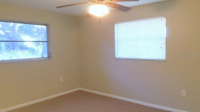 spare room with carpet floors and ceiling fan