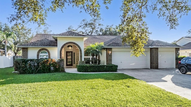 view of front of property featuring a garage and a front lawn