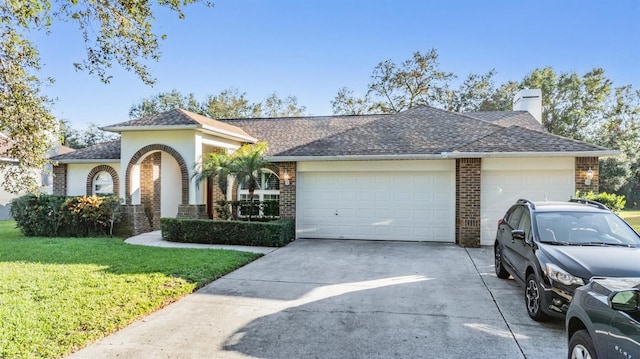 view of front of house with a garage and a front lawn