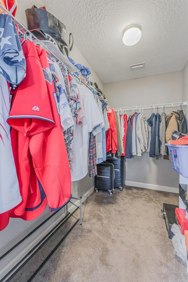 walk in closet with carpet