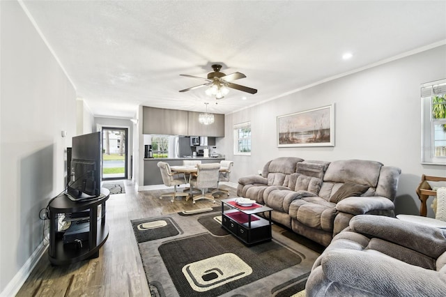 living room featuring dark hardwood / wood-style floors, ceiling fan, and crown molding