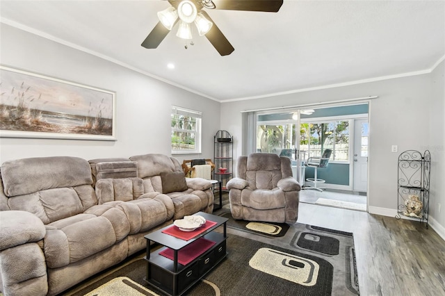 living room featuring dark hardwood / wood-style flooring, ceiling fan, and ornamental molding