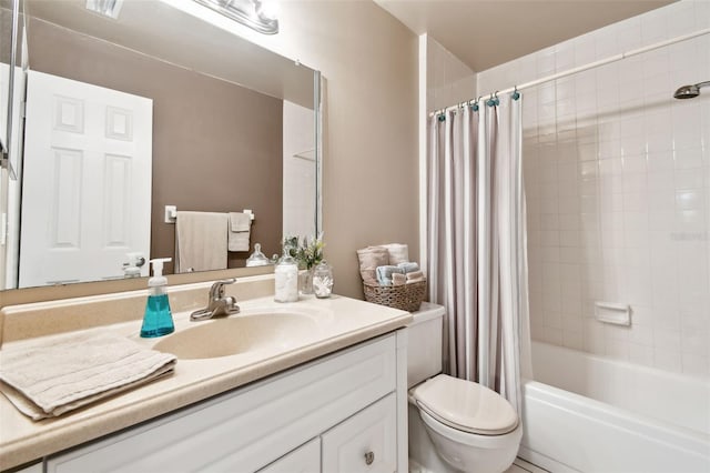 full bathroom with vanity, shower / bathtub combination with curtain, and toilet