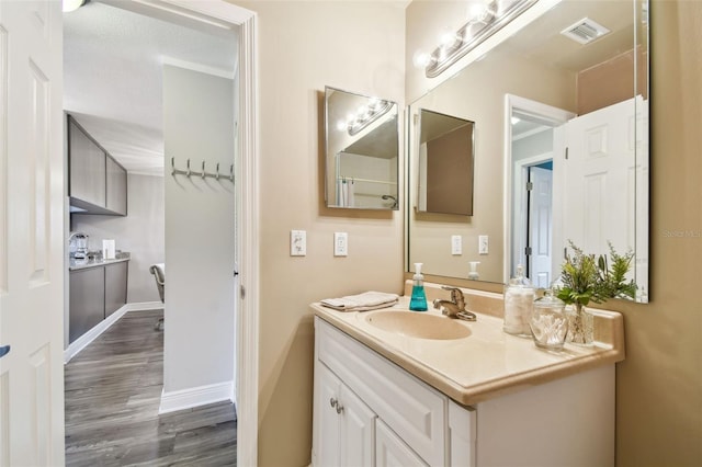 bathroom featuring vanity, wood-type flooring, and ornamental molding