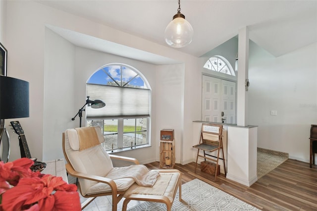 sitting room with hardwood / wood-style floors and lofted ceiling