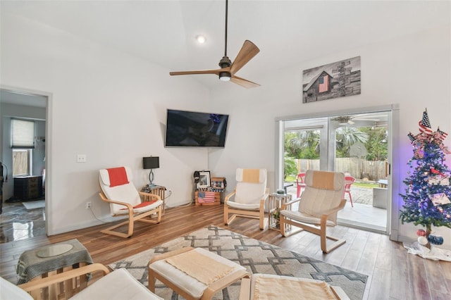 living room with ceiling fan and hardwood / wood-style flooring