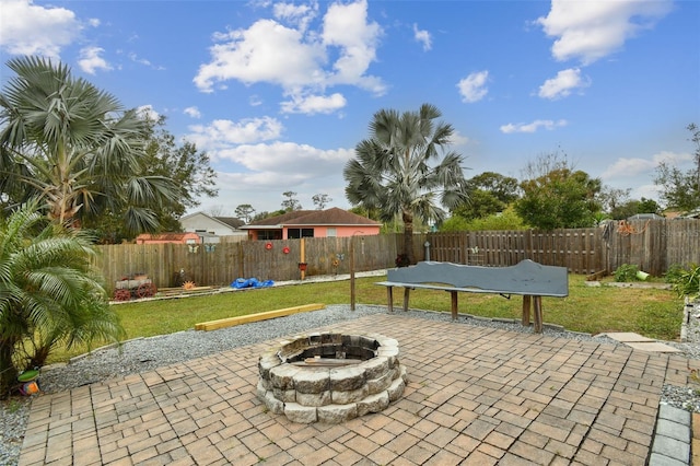 view of patio featuring a fire pit