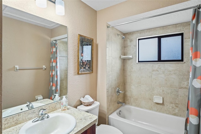 full bathroom featuring toilet, vanity, and shower / bath combination with curtain