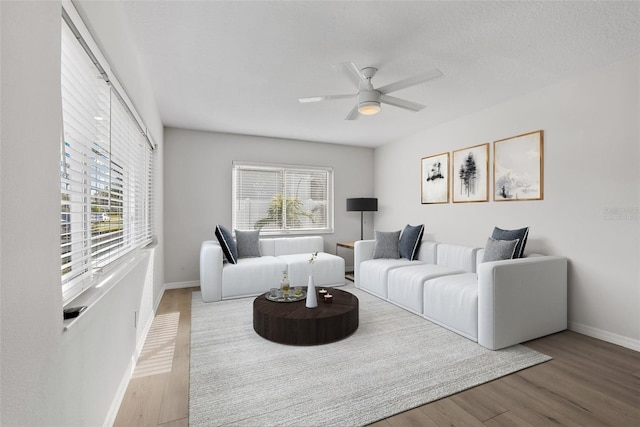 living room with hardwood / wood-style floors and ceiling fan