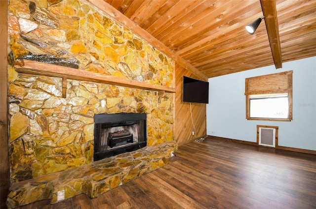 unfurnished living room with a fireplace, vaulted ceiling with beams, dark hardwood / wood-style floors, and wood ceiling