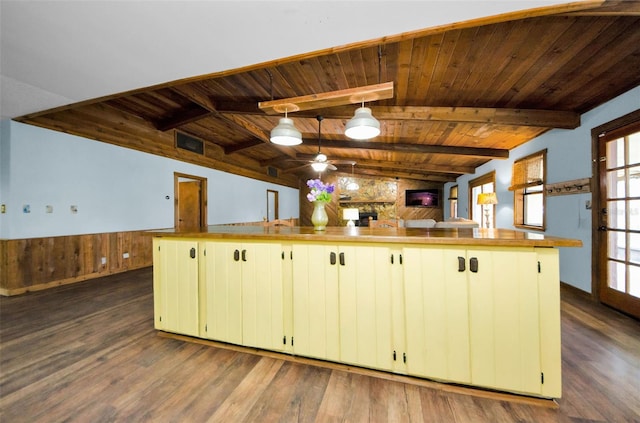 kitchen with wooden ceiling, dark wood-type flooring, hanging light fixtures, vaulted ceiling with beams, and ceiling fan