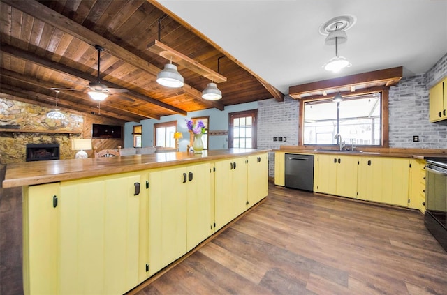 kitchen featuring ceiling fan, sink, hanging light fixtures, dishwashing machine, and wood ceiling