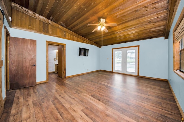 unfurnished room featuring lofted ceiling, wood-type flooring, wooden ceiling, and french doors