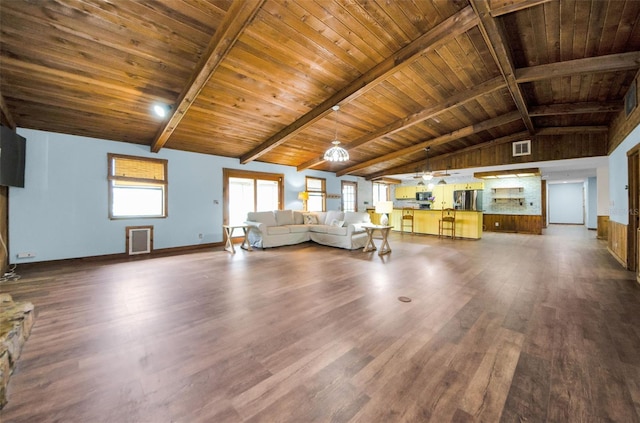 unfurnished living room with lofted ceiling with beams, dark hardwood / wood-style flooring, and wooden ceiling