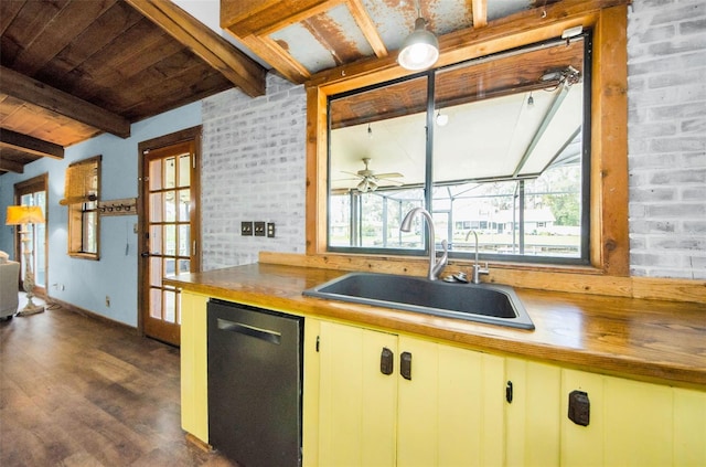 kitchen with lofted ceiling with beams, sink, ceiling fan, dark hardwood / wood-style floors, and dishwashing machine