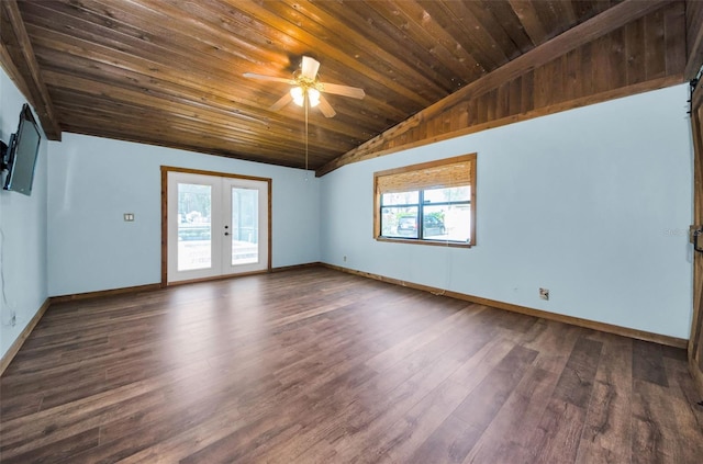 empty room with french doors, dark hardwood / wood-style flooring, vaulted ceiling, ceiling fan, and wooden ceiling