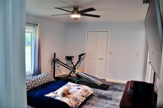 workout room with ceiling fan and plenty of natural light