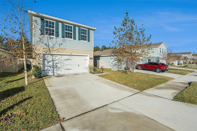 view of front facade featuring a front lawn and a garage