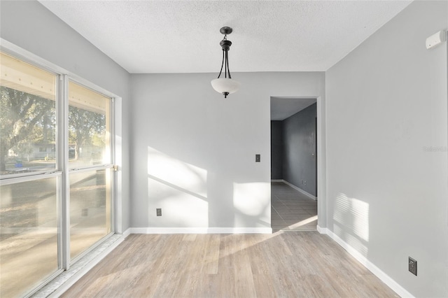 unfurnished dining area featuring light hardwood / wood-style floors and a textured ceiling