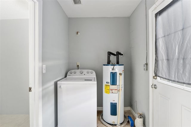 clothes washing area featuring washer / clothes dryer and water heater