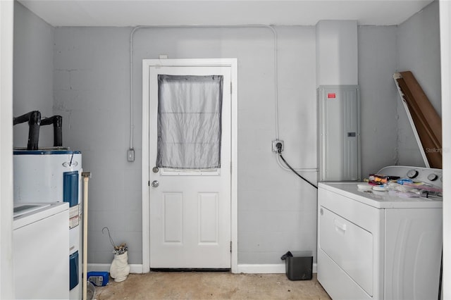 clothes washing area with electric panel, washer / clothes dryer, and water heater