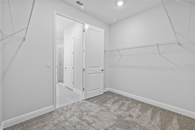 spacious closet featuring light colored carpet