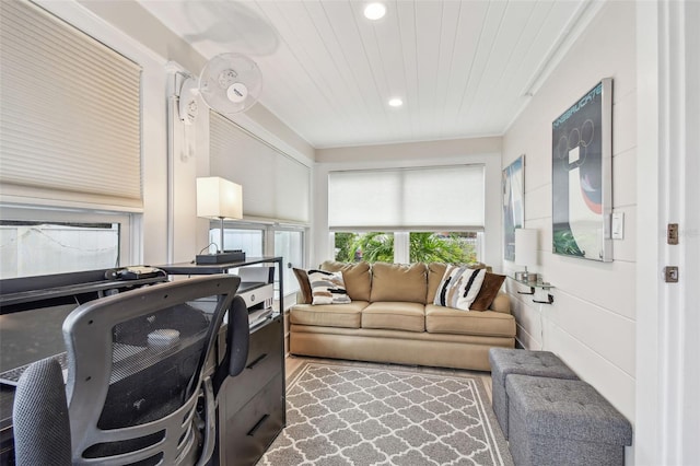 living room with recessed lighting and wood ceiling