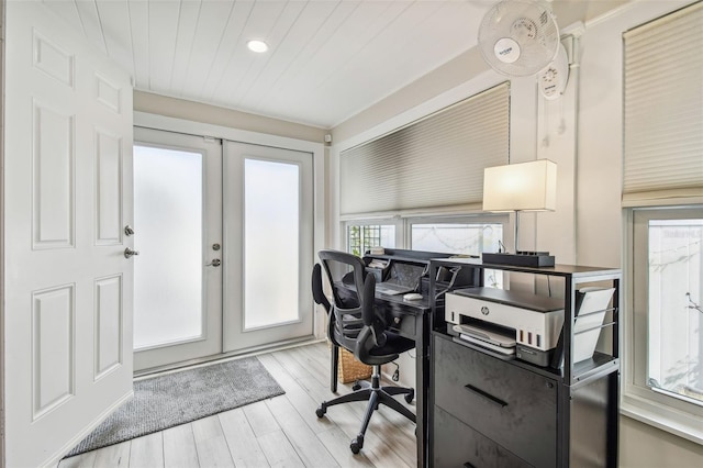 home office featuring recessed lighting, light wood-style floors, wood ceiling, and french doors