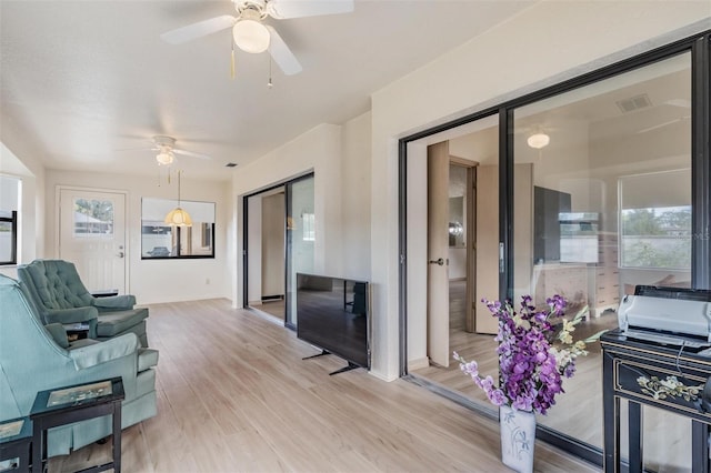 living room with light hardwood / wood-style floors, a wealth of natural light, and ceiling fan