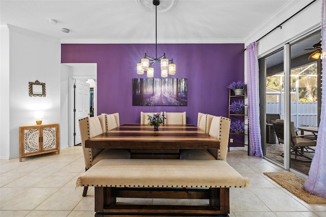 dining room with crown molding, light tile patterned flooring, and ceiling fan with notable chandelier