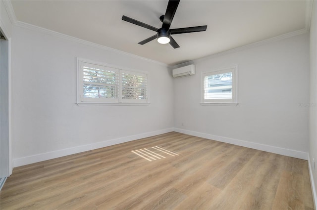 unfurnished room featuring a wall mounted air conditioner, light hardwood / wood-style floors, and ornamental molding