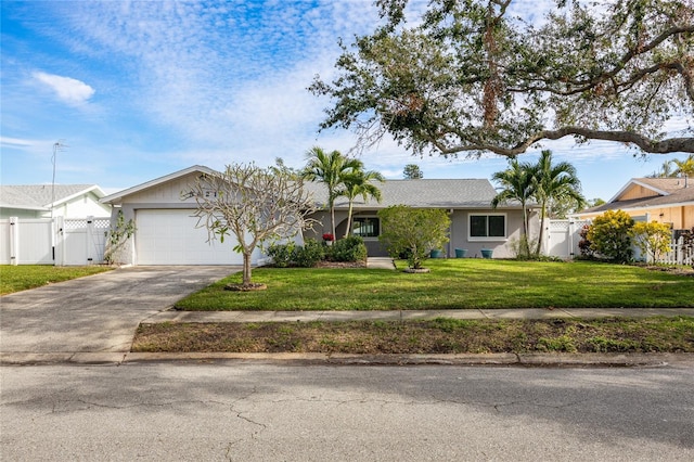 single story home with a front yard and a garage