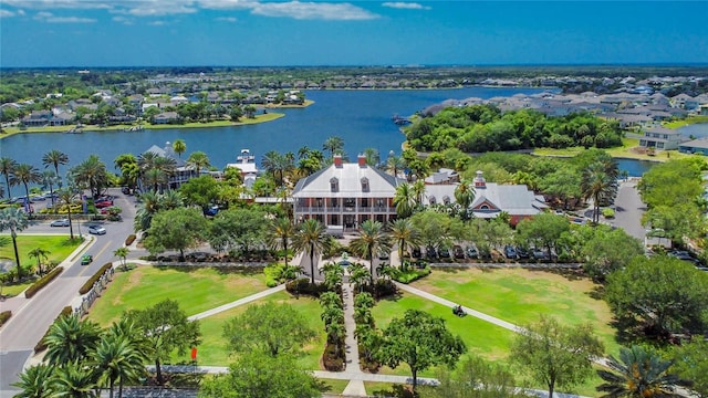 drone / aerial view with a water view