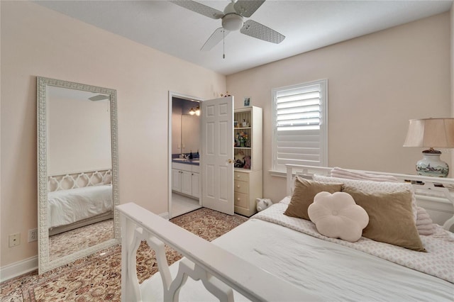 bedroom featuring ceiling fan and ensuite bathroom