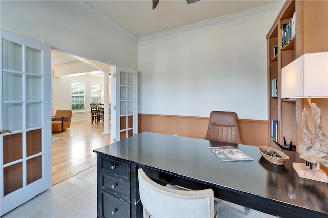 office with light tile patterned flooring, french doors, crown molding, and ornate columns